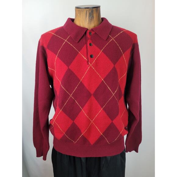Brooks Brothers Men's 100% Lambswool Collared Argyle Sweater Size M Red Burgundy - Picture 1 of 10